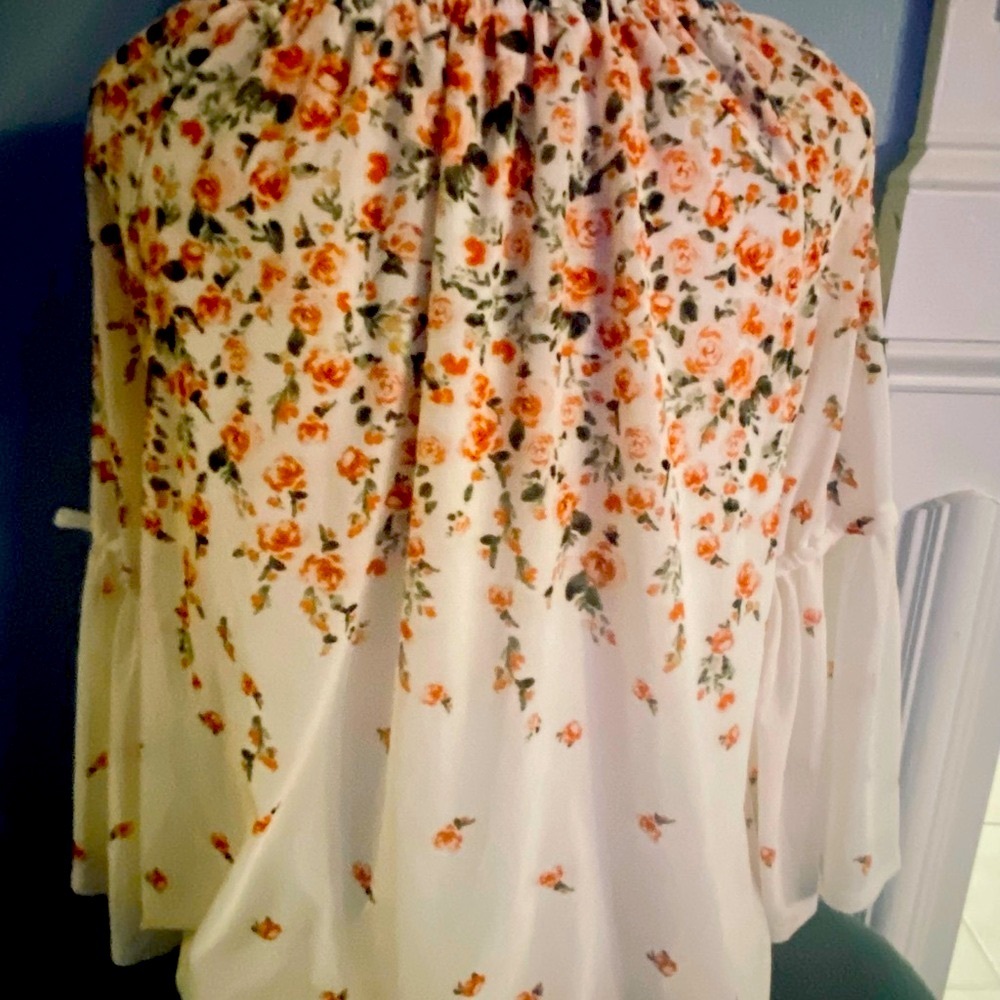 Ember Orange and Green Smocked 3/4 Sleeve Blouse